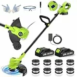 VOERJIA Akku Rasentrimmer 21V, 2-in-1 Rasentrimmer & Kantenschneider, LCD Akkuanzeige, 2×2000mAh Akku, Automatische Fadennachführung, 8 Fadenspulen, für Rasen, Rasenkanten & Gartenwege