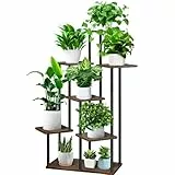 YOCOMEY 7-Tier Hölzern Blumenregal Pflanzenregal, Mehrstöckig Blumenständer Pflanzenständer Blumenbank Blumentreppe Pflanzentreppe Standregal für Innen Garten Balkon Deko(Schwarz Eiche)