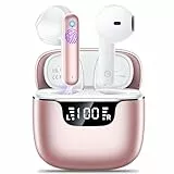 Godyse Bluetooth Kopfhörer Sport Kopfhörer Kabellos Bluetooth 5.3 Kopfhörer mit 4 Mikrofon 42 std Spielzeit IPX6 Wasserdicht LED Anzeige HiFi Stereo Ohrhörer für Arbeit und Studium Roségold