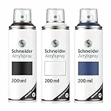 Schneider Paint-It 030 Supreme DIY Acryllack 3er Set (hochdeckende Sprühfarbe, UV-beständig, 200 ml, Acrylspray für fast alle Untergründe) schwarz/weiß/midnight blue