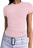 Damen Bauchfrei T-Shirt | Frauen Basic Kurzarm Crop Top | Y2K Casual Slim Fit Rundhalsshirt | Mode Trend Rosa/Blau/Braun | Damen legeres Oberteil(Light Pink-012,M)