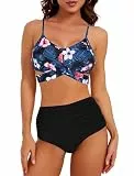 Evolyline Damen Bikini Set Lace Up Bademode Twist Front Blumenmuster Cross Back V Ausschnitt Zweiteiliger Badeanzug Swimsuit