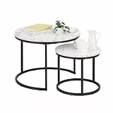 Soayone Couchtisch Rund Schwarz, Wohnzimmertisch Weiß mit Schwarz Metallgestell, Coffee Table, Couch Tisch, Couchtisch Marmor Optik, Kaffeetisch, Tisch Klein 70x70x45 & 50x50x35 cm