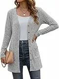 Cicy Bell Damen Lang Button Down Cardigan Elegant Langarm Strikjacke mit Tasche Open Front Sweaters Grau L