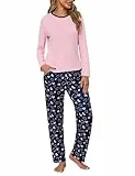 Litherday Schlafanzug Damen Lange Pyjama Set Langarm Set Baumwolle Schlafhose Drucken Winter Rundhals Nachtwäsche Loungewear mit Tasche Rosa-A M