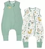 Chilsuessy 2er Pack Baby Schlafsack mit Füßen 1.5 Tog Ganzjahres Schlafsack Babyschlafsack mit Beinen Schlafstrampler für Jungen Mädchen, 1.5 Tog/Grün + Waldtiere, 90cm/Baby Höhe 100-110cm