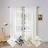 WOLTU Gardine, Schiebegardine für Wohnzimmer Schlafzimmer, mit Kräuselband, Leinenoptik, Halbtransparent Voile modern, 135 x 245 cm, Weiß