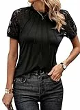 Cuptacc Tshirt Damen Kurzarm Mit Lace Bluse 2025 Sommer Mode Tunika Blusen Pleated Rundhals Tops Chic Schwarz, XL 46-48