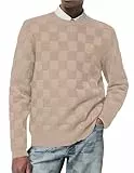 Elegancity Pullover Herren Rundhalsausschnitt Karierter Pullover Langarm Winter Schachbrett Strickpullover Sweater Regular Fit Pergament XL
