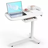 WALKINGDESK Beistelltisch C Form Höhenverstellbar mit Rollen, Mobiler Schreibtisch mit Schubladen, Kleiner Laptoptisch höhenverstellbarer, Pneumatisch Stehpult für Sofa Bett Wohnzimme, Weiß