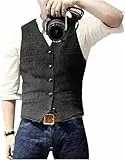 Solovedress Herren Casual Wolle Fischgrätmuster Anzug Weste V-Ausschnitt Tweed Weste für Hochzeit Groomsmen(Schwarz.XL)