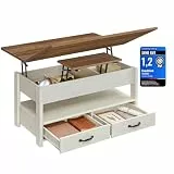 VASAGLE Couchtisch, höhenverstellbarer Wohnzimmertisch, Gaszylinder, 2 Schubladen, 3 Fächer unter der Tischplatte, Kaffeetisch, 1 offenes Fach, Wohnzimmer, Homeoffice, honigbraun-vintageweiß LCT254W01
