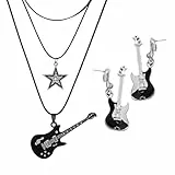 1 Set Halskette Und 1 Paar Ohrringe, Halskette Im Punk-Stil, Mehrschichtiger Gitarren-Fünfzackiger Sternkragen, Personalisierter Rockschmuck, Musikfestival-Party-Kollokation, Punkrock-Geschenk.