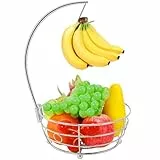 Livabber Arbeitsplatte Obstkorb Schüssel mit Bananenaufhänger, moderne stehende Obst-Gemüseschale Aufbewahrung, mit Bananenbaumhalter für Küche Esstisch (rundes Metall, Chrom)