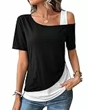 ZASFOU Damen Sommer Kurzarm Tops Off Shoulder T Shirt Locker Shirts Lässig Tunika Bluse Oberteile Geschenk für Frauen
