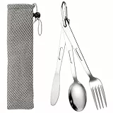 3 Stück Reisebesteck,Campingbesteck,Edelstahl Camping Besteckset,Tragbare Outdoor Besteck mit karabiner,Löffel Gabel Messer Kombi und tasche,Wiederverwendbare Reisebesteck Besteckset