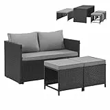 SVITA ATHINA 2in1 Sitzgruppe Outdoor Rattanlounge Balkon Essgruppe Gartenmöbel Set Gartenlounge klein Balkonmöbel Polyrattan Schwarz