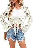 Saodimallsu Damen Sommer Strickjacke V Ausschnitt Boho Tops Oversized Langarm Ärmel Strickpullover Sexy Crochet Cardigan Strand Bikini Cover Up(Beige,S)