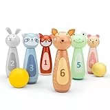 Woet® Holzspielzeug Bowling Set für Kinder – Kegelspiel mit 6 Tierkegeln und 2 Kugeln – Motorikspielzeug für Drinnen – Ab 3 Jahren – Geschenk für Mädchen und Jungen