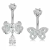 Crdifu 14G 10mm Bauchnabelpiercing Silber, 1,6mm Bauchnabel Piercing Schmetterling 316L Edelstahl, 2er Set Bauchpiercing Glitzer Stein Kristall Zirkonia, Bananabell Piercing Hypoallergen Frauen Damen