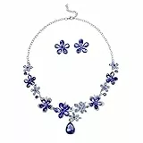 XFSRG Schmucksets für Damen Halskette mit Tropfenförmigem Anhänger und Ohrringe Set Blüten Designs Kristall Strass im Jewellery Style Verstellbar (Blau)