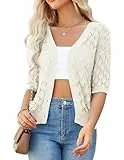 GRACE KARIN Damen Basic Dünn Frühling Sommer Bolero mit Knopf Urlaub Leichte Strickjacke Beige L