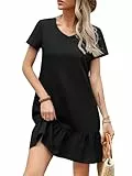 Missufe Damen Sommerkleid V Ausschnitt Kurzarm Rüschen Freizeit Lose Tunika T-Shirt Kurzes Kleid (Schwarz, Klein)