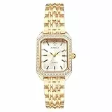 JewelryWe Damenuhr Kleine Rechteckige Uhren: Glitzer Strass Analog Quarz Armbanduhr Damen Gold Schmales Metallarmband Elegante Uhr mit Weiß Eckigem Zifferblatt