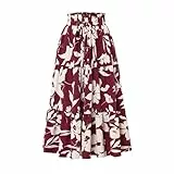 Generisch RöCke Damen Sommer Casual Flowy Hohe Taille Boho Strandrock Leicht und Luftig Floral A-Line Röcke Elegant Midi Rock (03-Weinrot,S)