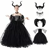 Herenear Maleficent Kostüm Mädchen Kinder, 5tlg Böse Königin Halloween Kostüm Set, Cosplay Hexenkostüm mit Hörner Flügel Kette, Prinzessin Fasching Karneval Verkleidung Partykleid Outfits (XL)