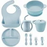 PandaEar Silikon Geschirrset | 9-teiliges Kinder Set Mit Teller, Schüssel, Lätzchen, Trinklernbecher, Löffel Und Gabeln | Saugnapf-Funktion (Blau)