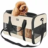 Zavothy Transporttasche für Katzen und Hunde, Transporttasche, atmungsaktiv und faltbar, Transportbox für Katzen mit verstellbarem Schultergurt, Abnehmbare Plüschmatratze (Beige, L)