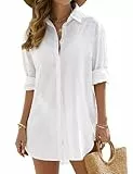 Vancavoo Strandkleid Damen Sommer Strandbluse Strandhemd V-Ausschnitt Strandtunika Lose Button-Down Strandponcho Longbluse Bikini Cover Up,Weiß,M