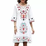 Seasonal Damen Bohemian 3/4 Ärmel Kleid Folklore Floral Stickerei Rundhalsausschnitt Kleider Vintage Lose Freizeitkleider Für Frauen(M,788-Weiß)