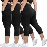 HLTPRO 3er-Pack Leggings in Übergröße mit Taschen für Damen, hohe Taille, Bauchkontrolle, weiche Yogahose für Fitnessstudio, Workout, Schwarz, Capri-Schwarz/Schwarz/Schwarz, XX-Large Mehr