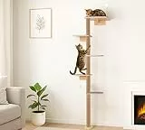 Kratzbaum Groß 210cm Kletterwand Katzen, Wandmontierter Katzenkratzbaum 5 Stöckig aus Natürliches Holz mit Grauem Robustem Filzstoff, Wandkratzbaum für Katzen zum Klettern, Kratzen und Spielen