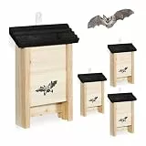 Relaxdays Fledermauskasten, 4er Set, Unterschlupf für Fledermäuse, unbehandeltes Holz, HBT 25 x 18 x 6 cm, Natur/schwarz