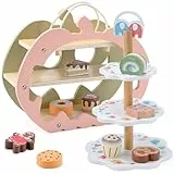 CUTE STONE Holz Tee Party Spielset, Dessert-Spielzeug für Kinder mit beidseitigem Feiertagsständer, Cupcake-Ständer, Rollenspiel-Backset für Mädchen & Jungen von 3–6 Jahren