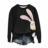 HUIFUAO Happy Easter Easter Sweatshirts für Damen, niedliches Häschen-Oster-Top, Übergröße, Oster-Outfit, Langarm-Pullover, Sweatshirt, Z04 Black, XXL