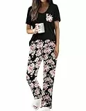 Famulily Pyjama Damen Schwarz Klassische lose Kurzarm Pjs Set mit Taschen Weiche Nachtwäsche S