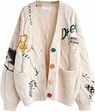 SAGGION Damen-Cardigan mit Zopfmuster,langärmelig,V-Ausschnitt,bunt,vorne offen,Knopf Bestickt,Strickpullover,Manteltasche