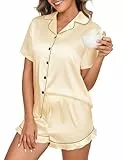 Niwicee Satin Schlafanzug Damen mit Knopfleiste Kurz Nachtwäsche Pyjamas Set Zweiteiliger Nachtwäsche Hausanzug PJs V-Ausschnitt Loungewear (Champagner, M)