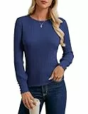 GRACE KARIN Damen Pullover Herbst Langarm mit Knöpfen Elgant Rundhalsausschnitt Slim Fit Dünne Strickpullover Damen Sweatshirt Marineblau L