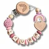 Personalisiertes Baby Geschenk, Mädchen/Junge, Schnullerkettchen mit Name, Schnullerband, verschiedene Farb-Varianten (1.Rosa)