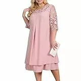 Odizli Kleider Große Größen Damen Mollige Frauen Elegant Blume Stickerei 3/4 Ärmel Chiffonkleid Hochzeit Hochzeitsgast Festlich Coctailkleid Abendkleid Abschlusskleider Brautmutterkleider Rosa 3XL