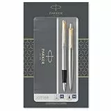 Parker Jotter Duo-Geschenkset mit Kugelschreiber und Füller | Edelstahl mit Goldzierteilen | Nachfüllmine und -patronen mit blauer Tinte | Geschenkbox