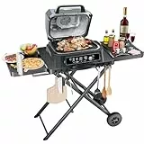 GFTIME Tragbarer Grillwagen für Weber, Ninja, Ooni, Blackstone, Nexgrill, Traeger und den meisten tragbaren Grills und Pizzaöfen | Outdoor Grillwagen mit Rädern, Seitentischen und Papierhandtuchhalter