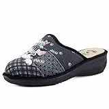 JOMIX Warme Hausschuhe Damen Bedruckte Pantoletten mit Bequeme Fußbett Geschlossen Gefüttert Kunstwildleder Gartenschuhe Elegant Keilabsatz Clogs Made in Italy (TD9206, Schwarz, 38 EU)