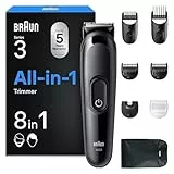Braun All-in-One Series 3, 8-in-1 Multigroom, Barttrimmer, Haarschneider, Haarschneidemaschine für Gesicht und Kopf, 50 Min Akku, 14 Längen (3–21 mm), AIO3545, Schwarz