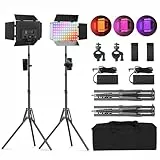 Soonpho 2-Pack RGB LED VideoLicht Set Panel Videoleuchte Barn Door 2500–8500K Dimmbare 20W Light Fotografie Studiobeleuchtung mit 1.6m Stativständer und Handyhalterung für Video YouTube Live Streaming